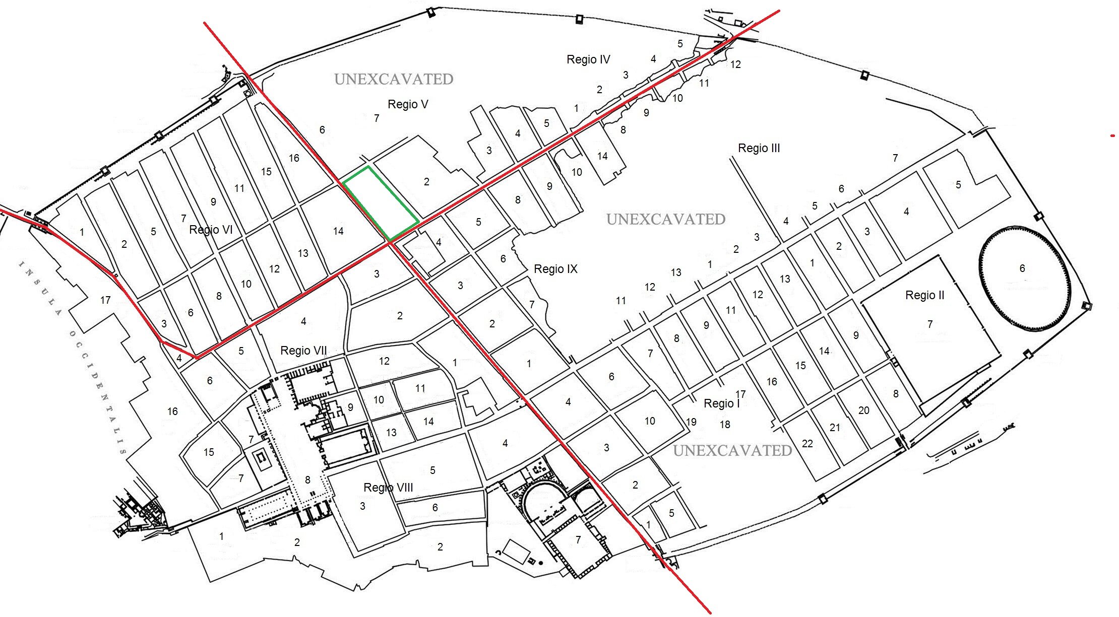 Map of Pompeii with the two relevant thoroughfares marked in red and Insula V 1 in green. Based on Dobbins&Foss, World of Pompeii, Map 2